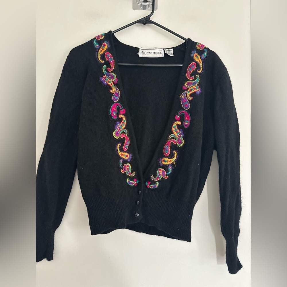 VTG 90s rare Evan-Picone Sz:S black wool blend cardigan Cottagecore sweater